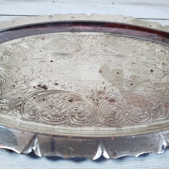 Vanity Tray Small Oval Silver Plated Copper Chased Floral Scroll Design 9.5” - Picture 8 of 10